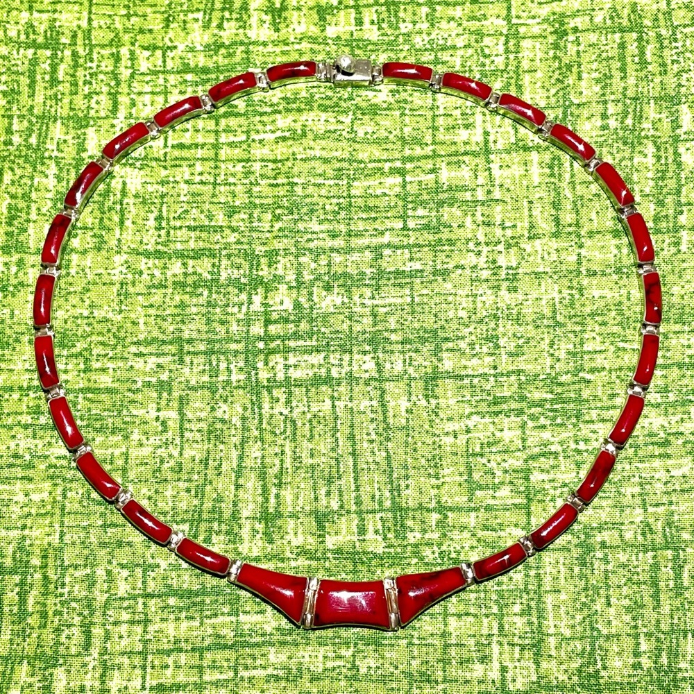 Estate Sterling Taxco Panel Necklace and Jasper Earrings - Picture 6 of 13